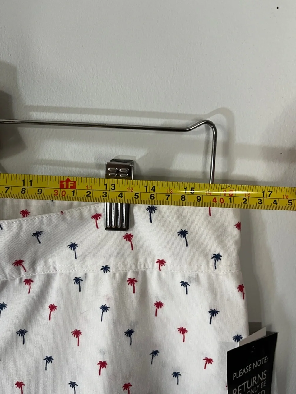 White Cropped Pants with Red & Navy Palm Print w/Ruffled Ties on each leg.  Sz L
